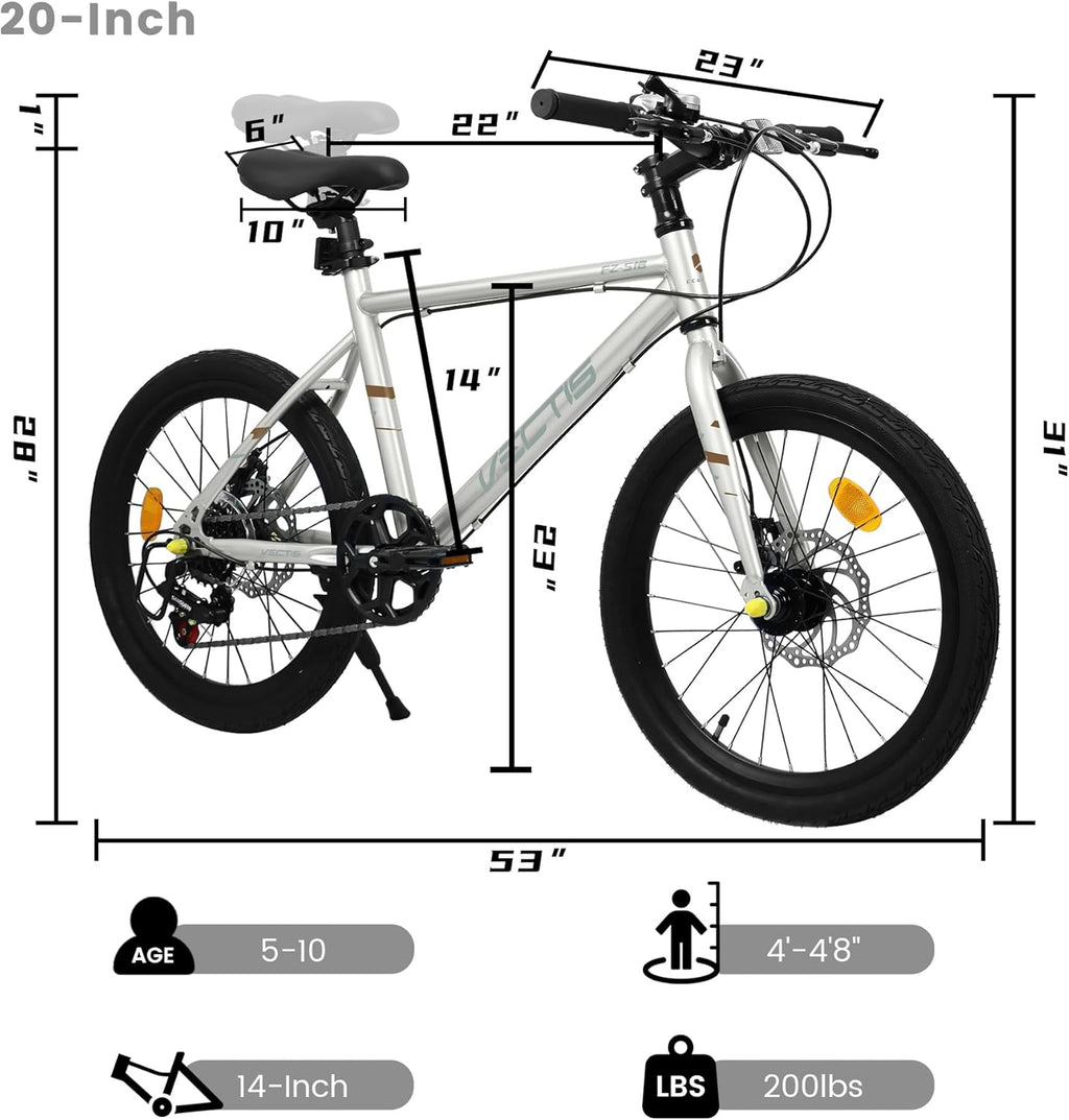 20 Inch Kids Bike for Boys Girls 6 to 12 Years 7 Speed Steel Frame Dual Disc Brakes White