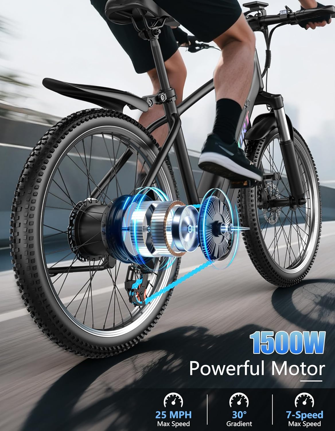 1500W Electric Bike for Adults 26 Inch Mountain Ebike 28MPH 65 Miles Range 7 Speed 48V Battery