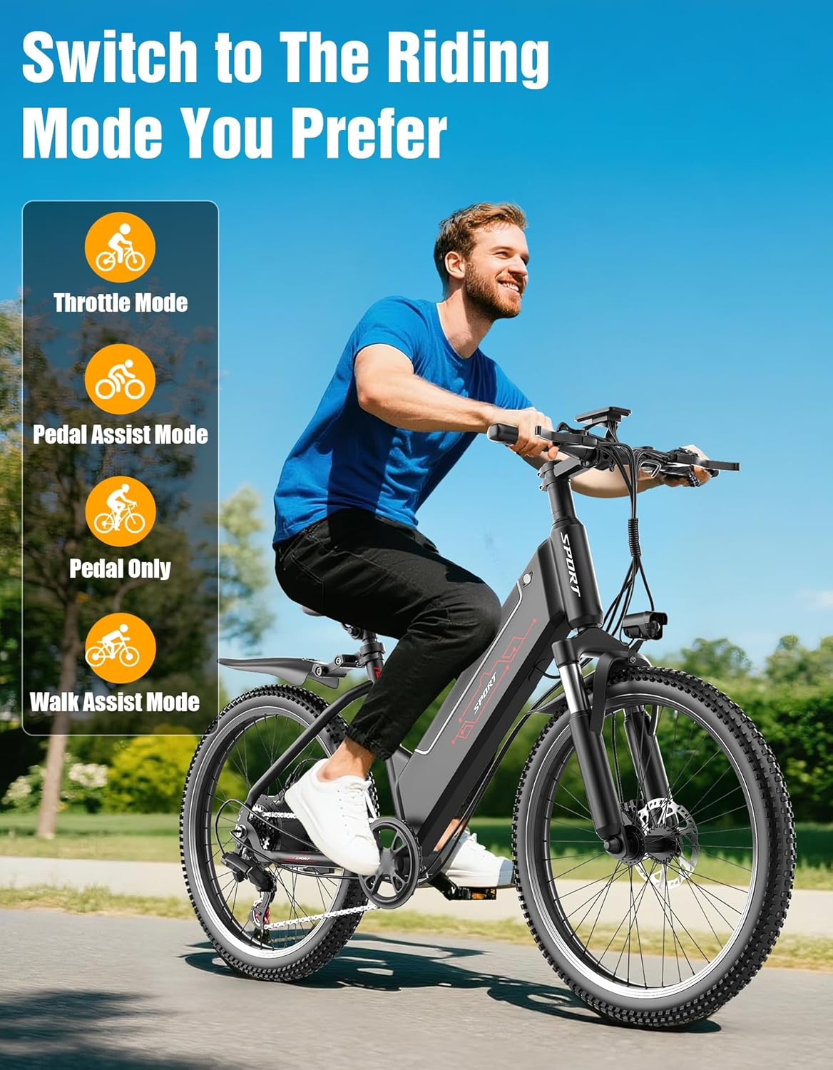 1500W Electric Bike for Adults 26 Inch Mountain Ebike 28MPH 65 Miles Range 7 Speed 48V Battery